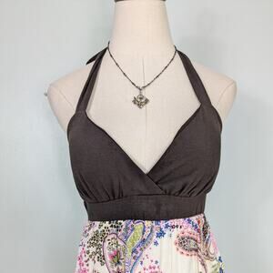 Y2K Maxi Dress M Brown White Babydoll Floral Boho Hippie Tiered Beachy